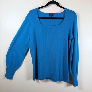 Talbots Merino Wool Blend Ribbed Knit Sweater Sz L Blue Bishop Sleeves Cozy Chic